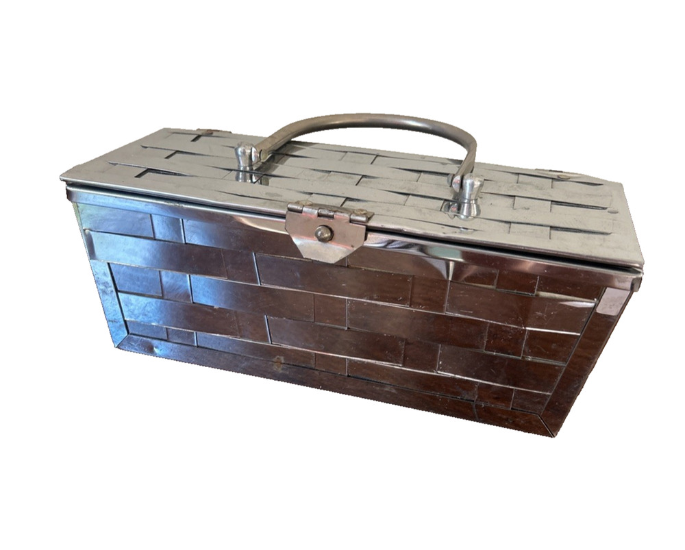Vintage Mid Century Silver Tone Basketweave Metal Box Handbag Purse Retro